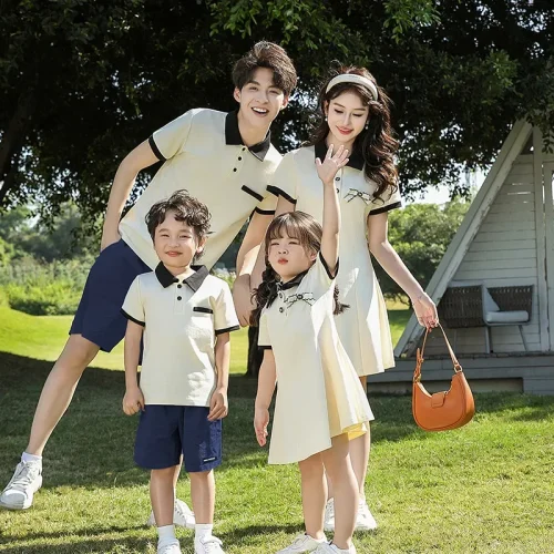 Fashion Family Matching Couple Outfit Dad Son Polo Shirts Mom Daughter Dress Korean Parent-child Clothing Sister Brother Clothes