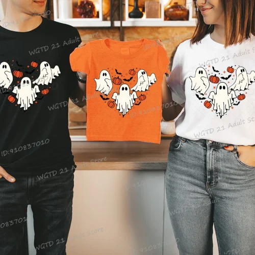 2025 Halloween Hear Ghost and Pumpkin T Shirt Funny Family Package Parent Child Clothing Mom Dad Child Family Party Gift T-shirt