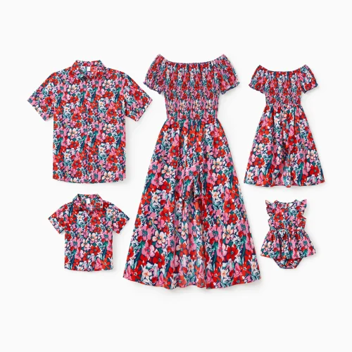 PatPat Family Floral Print Short Sleeve Shirt Or Off Shoulder Ruffle Dress Set